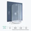 A diagram showing the dimensions of a shower cabin with a table of measurements. Produktbild-Vorschau