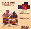 A marketing image showing a gingerbread house-shaped advent calendar with dimensions and details about the doors. Produktbild-Vorschau