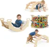 A collage of four images showing a wooden Montessori climbing set in different configurations with children interacting with it. Náhľad obrázku produktu