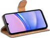 A brown flip case for a smartphone is shown open, displaying the phone's screen. Voir les images du produit