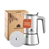 A stainless steel espresso maker and its packaging are displayed against a white background. Anteprima dell’immagine prodotto
