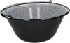 A black enamel cauldron with a white speckled interior and a metal handle, isolated on a white background. Produktbild-Vorschau
