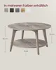 A round coffee table with a lower shelf, shown with dimensions and color options. Produktbild-Vorschau
