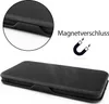 A black flip case for a smartphone, shown from a slightly elevated angle, with a close-up inset of the case's edge and a graphic indicating a magnetic closure. Produktbild-Vorschau