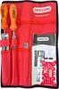 A red fabric roll-up case containing Oregon brand chainsaw sharpening tools. Produktbild-Vorschau