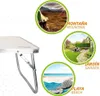 A product image showing a small table and three circular lifestyle images depicting different environments: mountains, a garden, and a beach. Produktbild-Vorschau