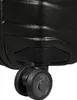 Close-up of a black suitcase wheel and part of its casing. Produktbild-Vorschau