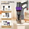 A vacuum cleaner is shown next to a trash bin, with inset images highlighting its features. Produktbild-Vorschau