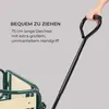 A hand is holding the handle of a dark green wagon, with text describing its features. Produktbild-Vorschau