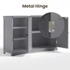 A gray cabinet with two doors open, showing shelves inside. A magnified view of a metal hinge is shown in a circle. Voir les images du produit
