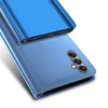 A close-up, angled view of a blue smartphone case with a clear view flip cover, showing the camera module. Produktbild-Vorschau
