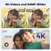 Collage showing a child with a toy and two children taking a selfie, with text overlays highlighting camera features. Produktbild-Vorschau