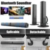 Collage showing a Bluetooth soundbar and speakers with different configurations and marketing text. Produktbild-Vorschau