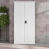 A white metal cabinet with two doors and a lock is shown against a textured gray wall. Podgląd zdjęcia produktu