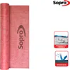 A roll of red waterproofing membrane with a logo and text on it, next to marketing icons. Náhľad obrázku produktu