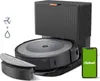 A robot vacuum cleaner with its charging dock and a smartphone displaying the iRobot app. Voir les images du produit