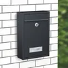 A dark gray mailbox mounted on a white brick wall. Produktbild-Vorschau