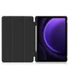 A black tablet case is open, revealing a tablet screen displaying a purple abstract image. Produktbild-Vorschau