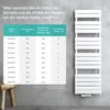A table showing radiator sizes and specifications next to a white radiator. Produktbild-Vorschau