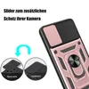 A close-up of a rose gold phone case with a camera slider and ring holder, with inset images showing how to remove and install the slider. Produktbild-Vorschau