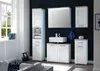 A modern bathroom with white furniture against a dark blue wall. Produktbild-Vorschau