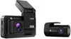 Two black dashcams are shown against a white background. The larger dashcam on the left has its screen/lid flipped open. Podgląd zdjęcia produktu