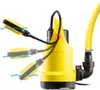 A yellow submersible pump with a yellow hose attached, shown against a white background. The pump has a float switch that is depicted in three different positions, indicating its functionality. Produktbild-Vorschau