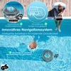 A collage of images showing a pool robot in use, its features, and a person using a laptop by the pool. Produktbild-Vorschau
