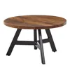 A round wooden coffee table with a black metal frame, shown isolated on a white background. Náhľad obrázku produktu