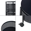 A collage of four close-up shots of a black rolling cart, showcasing its perforated baskets, top surface, and wheels. Anteprima dell’immagine prodotto