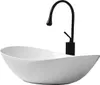 A white oval sink with a black faucet against a white background. Produktbild-Vorschau