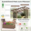 A collage of images showcasing a wooden planter with a trellis, various plants, and decorative elements, along with text highlighting its features. Produktbild-Vorschau