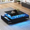 A modern coffee table with LED lighting and storage drawers in a living room setting. Produktbild-Vorschau
