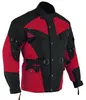 Cordura-Herren-Motorradjacke in Rot, Vorder- und Seitenansicht. Mit Protektoren für Arme, Brust, Schultern, Ellbogen und Rücken. Verstellbare Ellbogen mit zweistufigem Druckknopfsystem. Ärmel können leicht für Handschuhe geöffnet werden. Produktbild-Vorschau