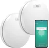 Two white smoke detectors are shown with a smartphone displaying a smoke alarm app. Produktbild-Vorschau