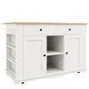 A white kitchen island with a wooden countertop and storage compartments. Produktbild-Vorschau