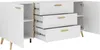 A white sideboard with gold accents, showing three open drawers and one open cabinet door. Voir les images du produit