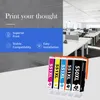 A split image showing marketing text and features on the left, and a modern office space on the right. Ink cartridges are in the foreground. Produktbild-Vorschau