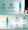 A split image showing a lava lamp with its features and dimensions highlighted. Produktbild-Vorschau