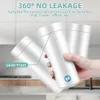 A hand holding a white portable electric kettle with text overlays highlighting its features. Produktbild-Vorschau