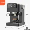 A black Klarstein espresso machine with a cup of coffee on a white background, with dimensions indicated. Náhľad obrázku produktu