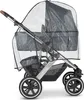 A close-up side view of a baby stroller with a rain cover. Produktbild-Vorschau