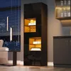 A modern black display cabinet with illuminated shelves, set in a dimly lit room with blinds and city lights visible through a window. Anteprima dell’immagine prodotto