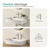 Two images showing a white ceramic sink with a faucet, one mounted on a wall and the other on a countertop, with accompanying diagrams illustrating installation methods. Voir les images du produit