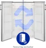 An open refrigerator with blue arrows indicating airflow and a circular icon showing a door with arrows indicating it can be reversed. Produktbild-Vorschau
