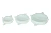 Three white plastic ravioli molds of different sizes are arranged in a row on a white background. Produktbild-Vorschau