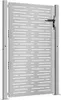 A modern, gray metal garden gate with a perforated, abstract design, mounted between two posts. Produktbild-Vorschau