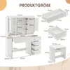 A diagram showing the dimensions of a white vanity table and stool set. Produktbild-Vorschau
