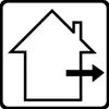 A black and white line drawing of a house with an arrow pointing out of it. Produktbild-Vorschau