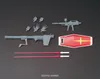 A collection of model kit accessories, including weapons and a shield, laid out on a black background. Anteprima dell’immagine prodotto